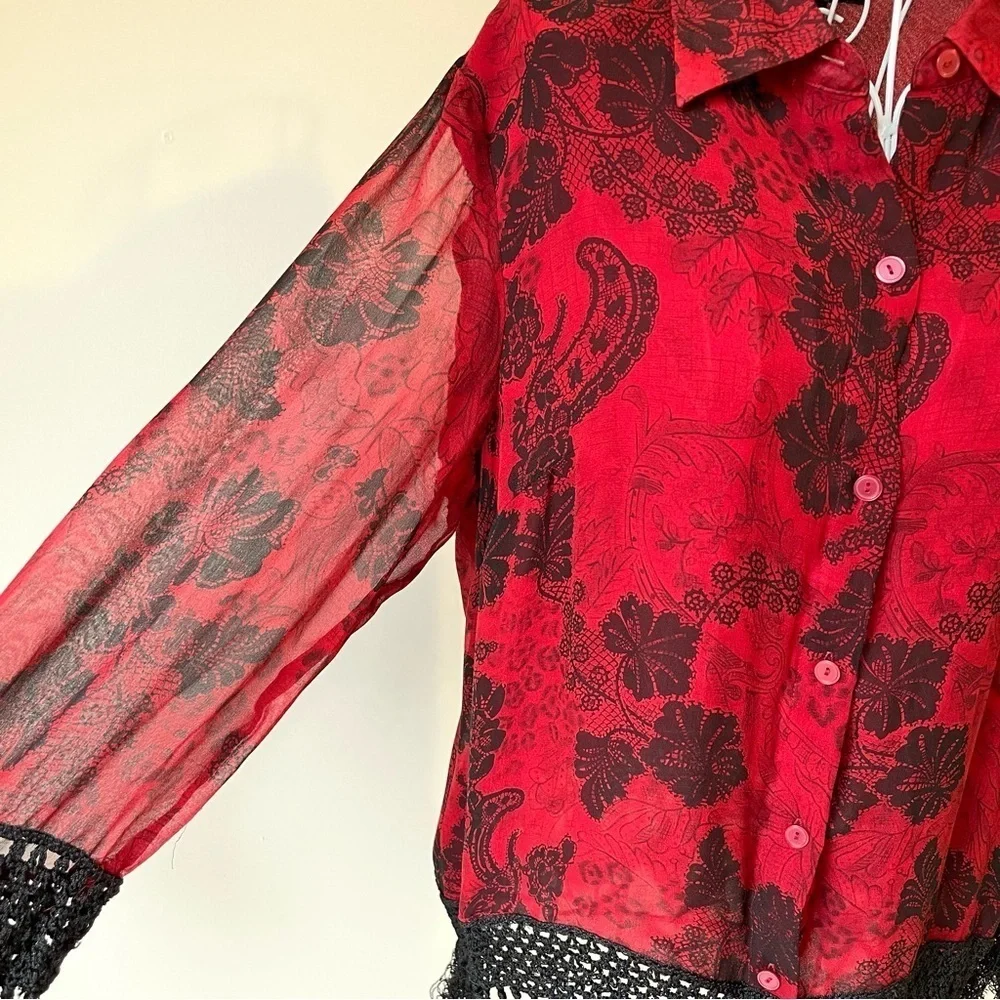 Vintage Spencer Jeremy Silk Semi Sheer Button Down Blouse Fringe red black SZ 10 - Picture 2 of 7